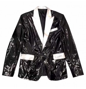 Black silver patchwork glitter jazz dance blazers for men youth singers host gogo dancers nightclub bar chior stage performance coats for male